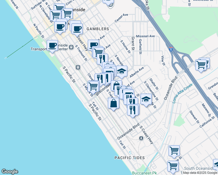 map of restaurants, bars, coffee shops, grocery stores, and more near in Oceanside