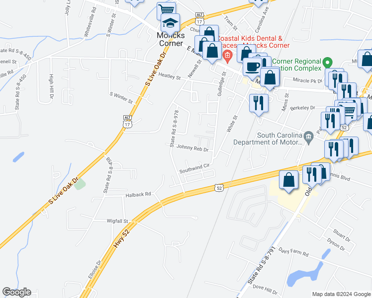 map of restaurants, bars, coffee shops, grocery stores, and more near 117 Johnny Reb Drive in Moncks Corner