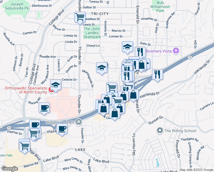map of restaurants, bars, coffee shops, grocery stores, and more near 176 Cedar Road in Vista