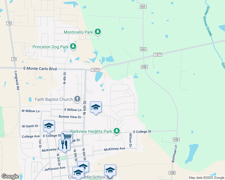 map of restaurants, bars, coffee shops, grocery stores, and more near 839 Farm to Market Road 1377 in Princeton