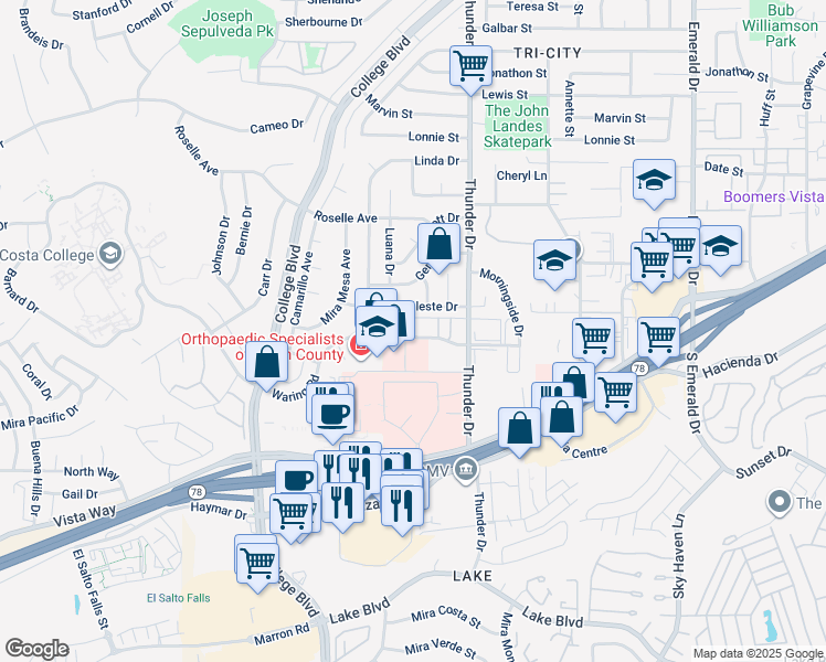 map of restaurants, bars, coffee shops, grocery stores, and more near 3964 Waring Road in Oceanside