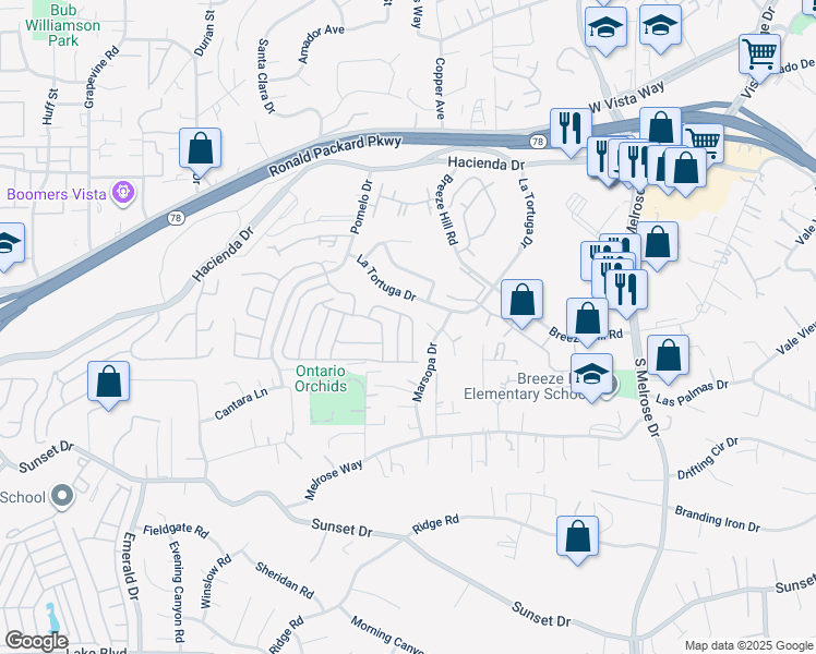 map of restaurants, bars, coffee shops, grocery stores, and more near 632 Via Bogota in Vista