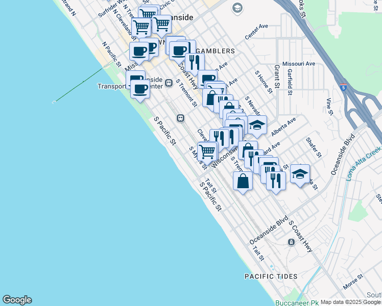 map of restaurants, bars, coffee shops, grocery stores, and more near 605 South Myers Street in Oceanside