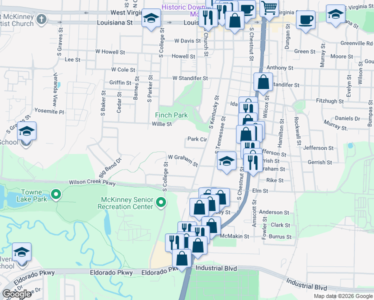 map of restaurants, bars, coffee shops, grocery stores, and more near 207 West Graham Street in McKinney