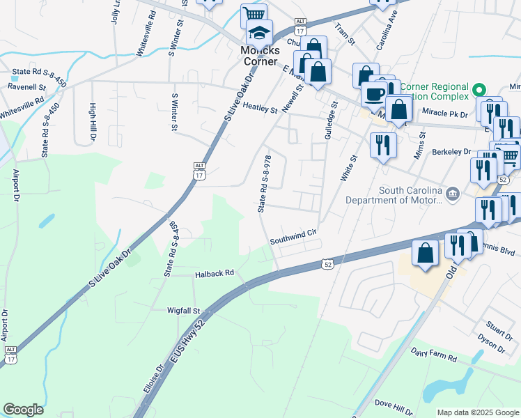 map of restaurants, bars, coffee shops, grocery stores, and more near State Road S-8-978 in Moncks Corner