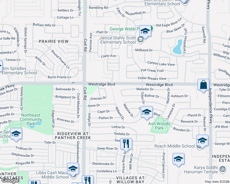 map of restaurants, bars, coffee shops, grocery stores, and more near 1905 Willard Drive in McKinney
