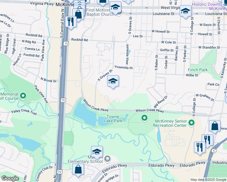 map of restaurants, bars, coffee shops, grocery stores, and more near 1400 Wilson Creek Parkway in McKinney