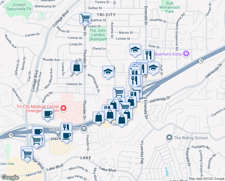 map of restaurants, bars, coffee shops, grocery stores, and more near 176 Cedar Road in Vista