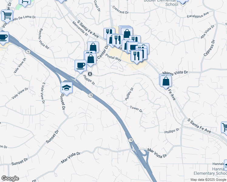 map of restaurants, bars, coffee shops, grocery stores, and more near 1001 Phillips Street in Vista