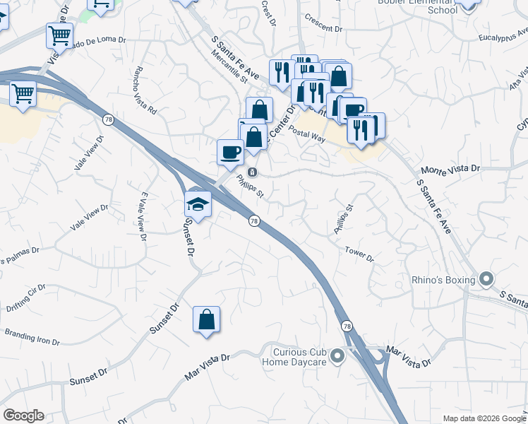 map of restaurants, bars, coffee shops, grocery stores, and more near 902 Crest View Road in Vista
