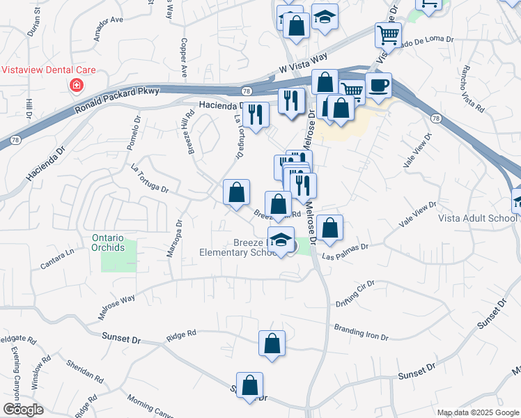 map of restaurants, bars, coffee shops, grocery stores, and more near 730 Breeze Hill Road in Vista