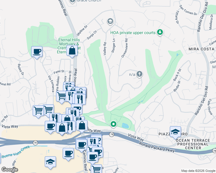 map of restaurants, bars, coffee shops, grocery stores, and more near 2301 Carriage Circle in Oceanside