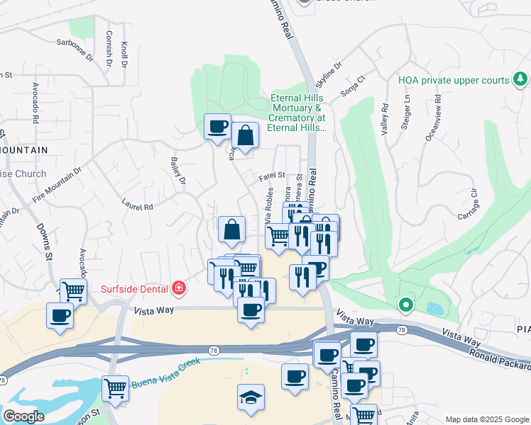 map of restaurants, bars, coffee shops, grocery stores, and more near 2163 Via Esmarca in Oceanside