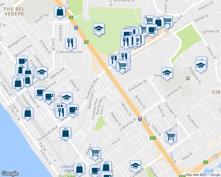 map of restaurants, bars, coffee shops, grocery stores, and more near 354 Blue Springs Lane in Oceanside