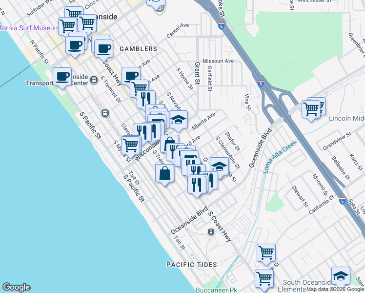 map of restaurants, bars, coffee shops, grocery stores, and more near 902 South Coast Highway in Oceanside