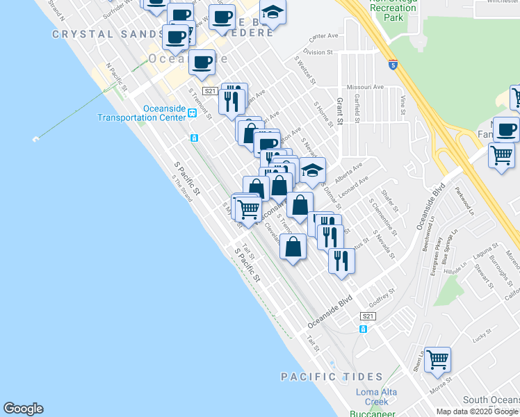 map of restaurants, bars, coffee shops, grocery stores, and more near 215 Wisconsin Avenue in Oceanside