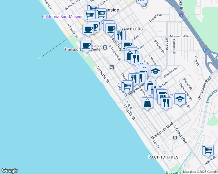 map of restaurants, bars, coffee shops, grocery stores, and more near 606 South The Strand in Oceanside