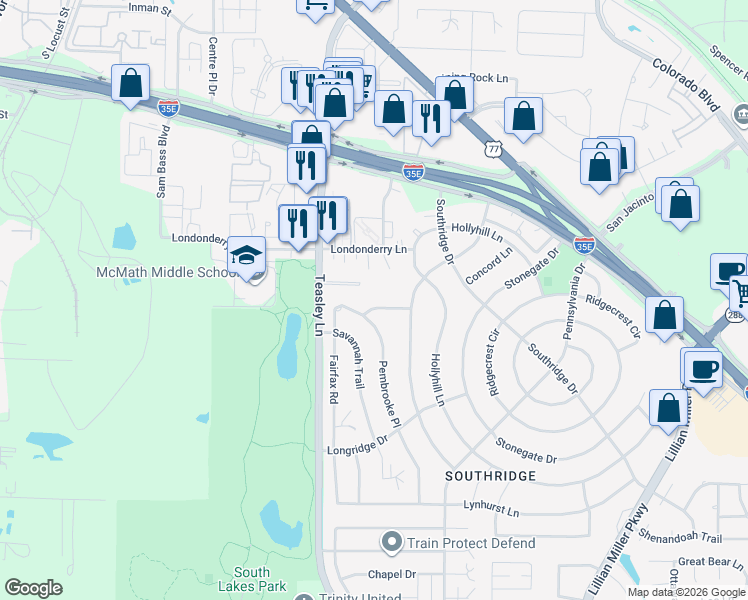 map of restaurants, bars, coffee shops, grocery stores, and more near 2101 Pembrooke Place in Denton