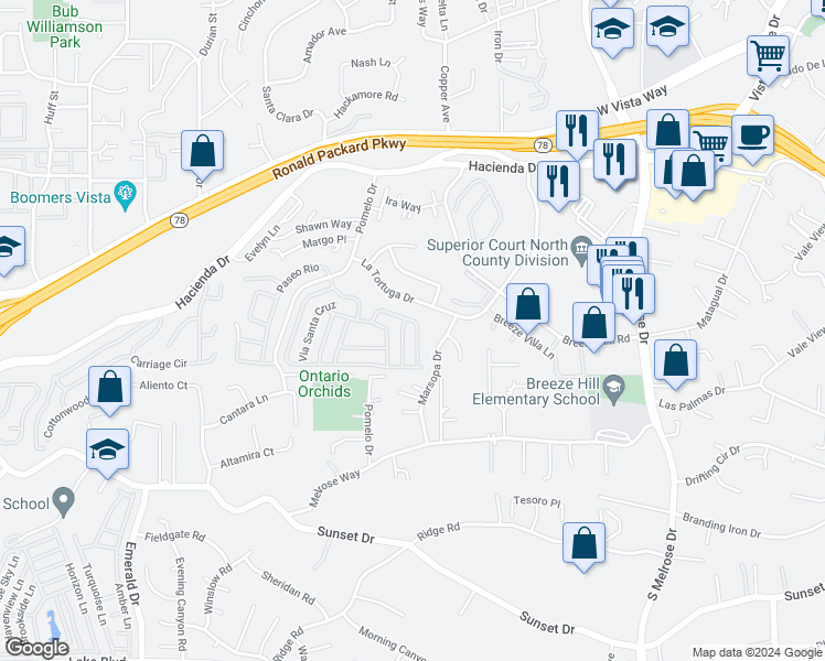 map of restaurants, bars, coffee shops, grocery stores, and more near 632 Via Bogota in Vista