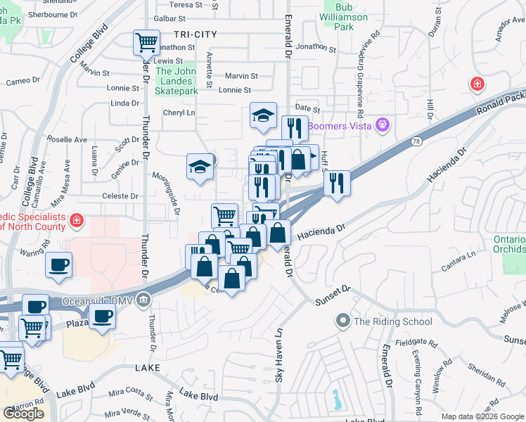 map of restaurants, bars, coffee shops, grocery stores, and more near 1865 West Vista Way in Vista