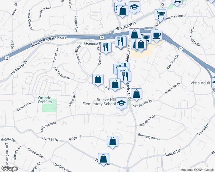 map of restaurants, bars, coffee shops, grocery stores, and more near 781 Breeze Hill Road in Vista