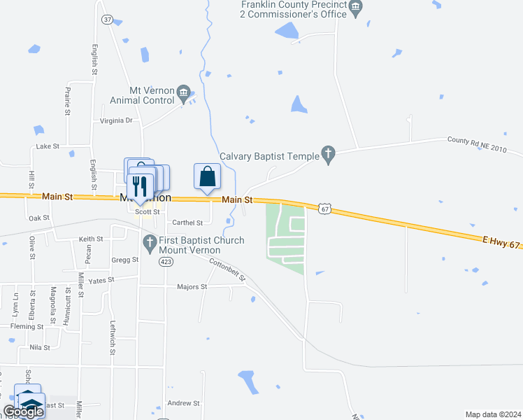 map of restaurants, bars, coffee shops, grocery stores, and more near 502 Main Street in Mount Vernon