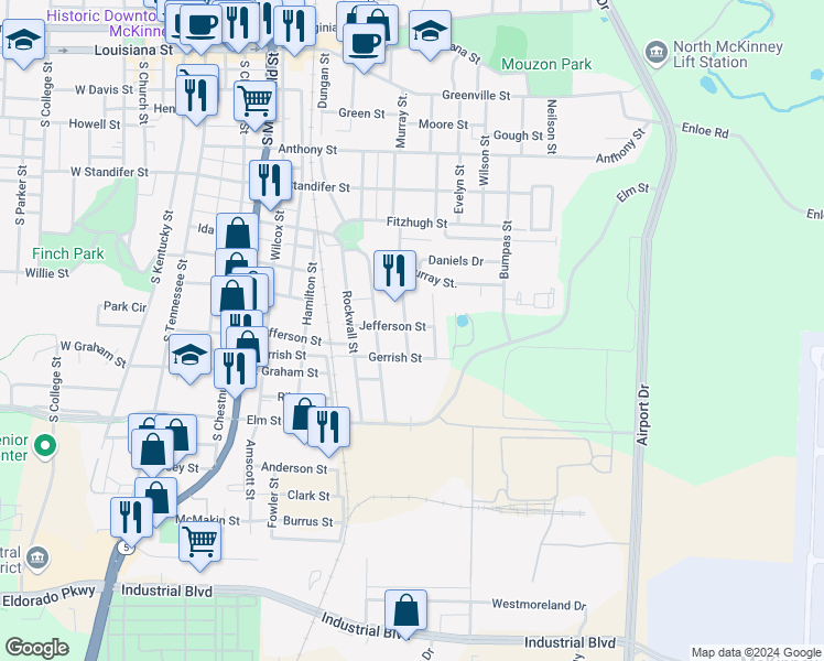 map of restaurants, bars, coffee shops, grocery stores, and more near 1102 Jefferson Street in McKinney