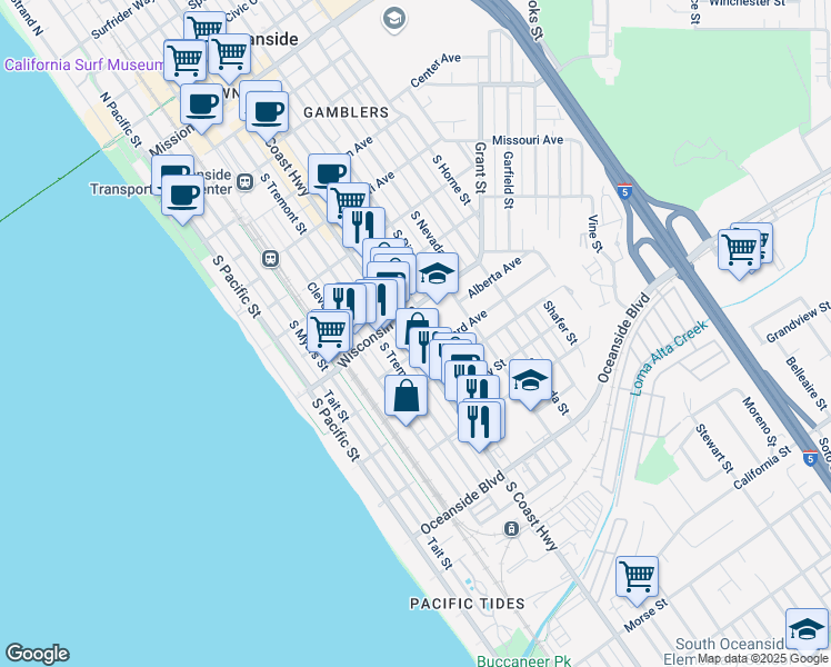 map of restaurants, bars, coffee shops, grocery stores, and more near 902 South Coast Highway in Oceanside