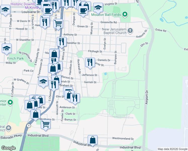 map of restaurants, bars, coffee shops, grocery stores, and more near 1102 Jefferson Street in McKinney
