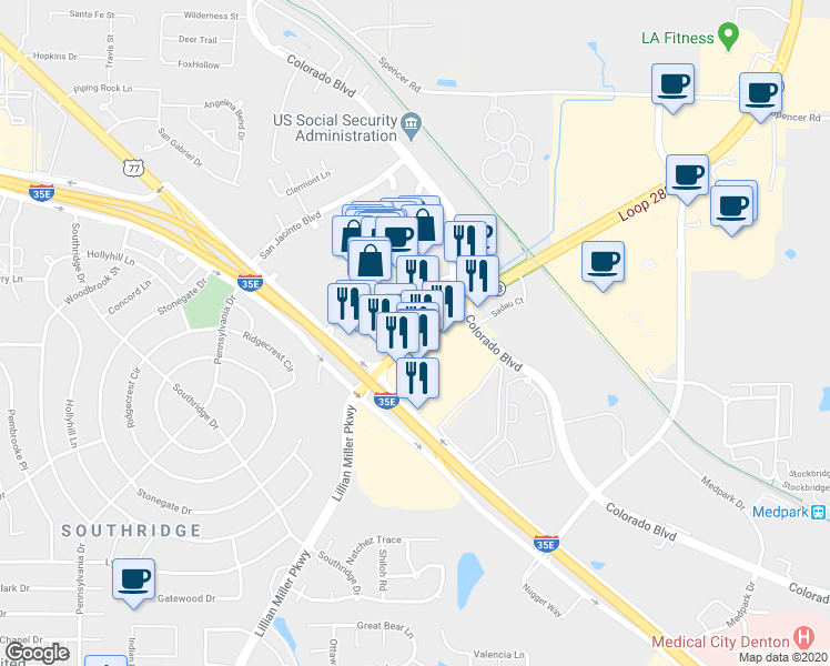map of restaurants, bars, coffee shops, grocery stores, and more near Loop 288 in Denton