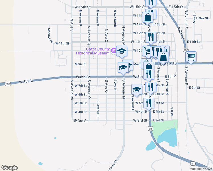 map of restaurants, bars, coffee shops, grocery stores, and more near 301 South Avenue O in Post