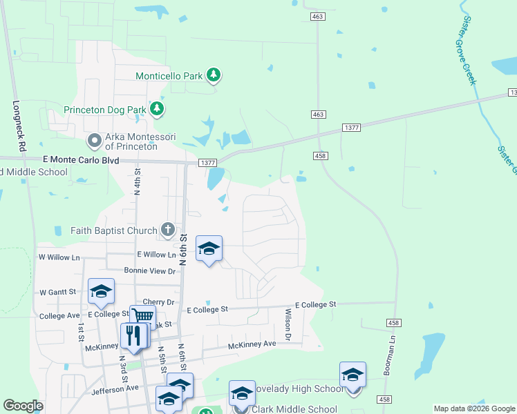 map of restaurants, bars, coffee shops, grocery stores, and more near 839 Farm to Market Road 1377 in Princeton