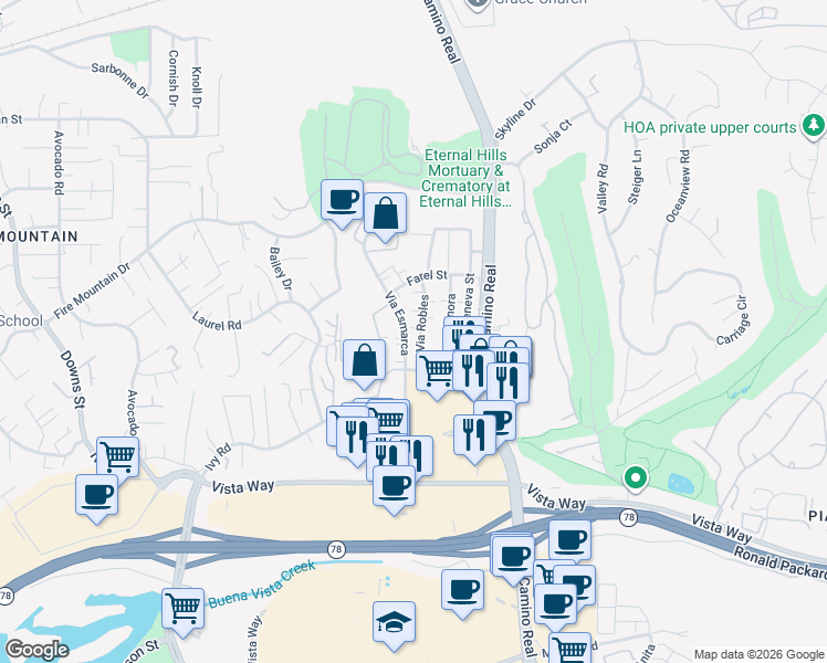 map of restaurants, bars, coffee shops, grocery stores, and more near in Camp Pendleton North
