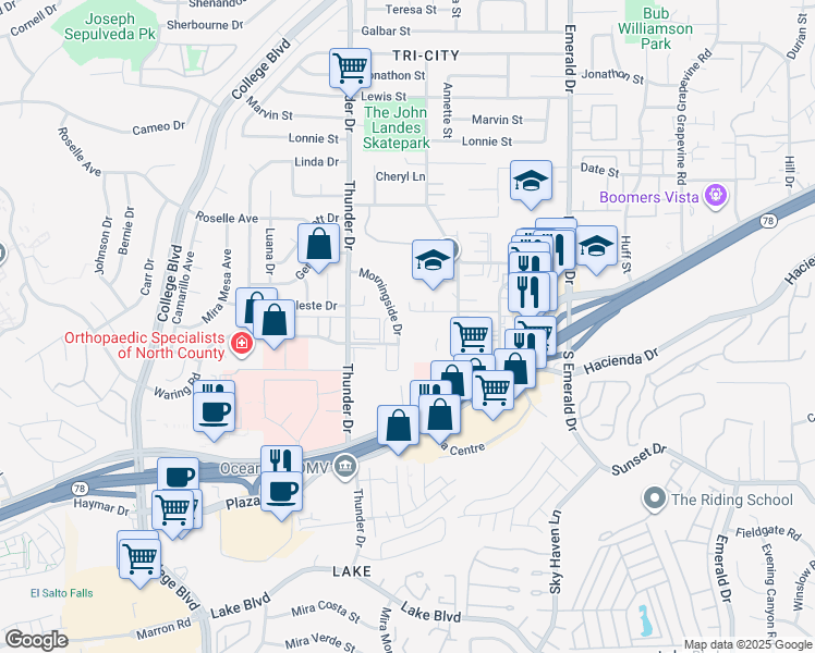 map of restaurants, bars, coffee shops, grocery stores, and more near 4130 Waring Road in Oceanside