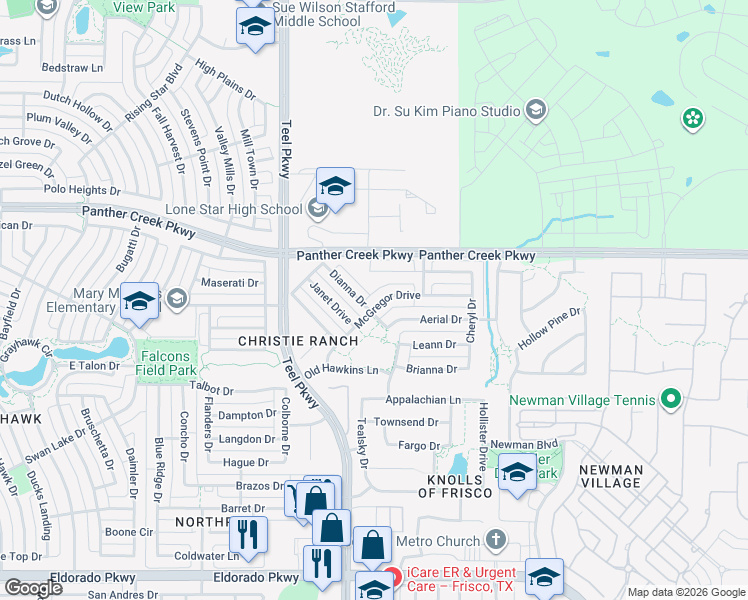 map of restaurants, bars, coffee shops, grocery stores, and more near 2832 Aerial Drive in Frisco