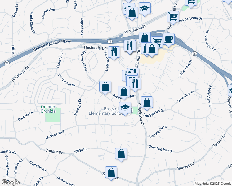map of restaurants, bars, coffee shops, grocery stores, and more near 730 Breeze Hill Road in Vista