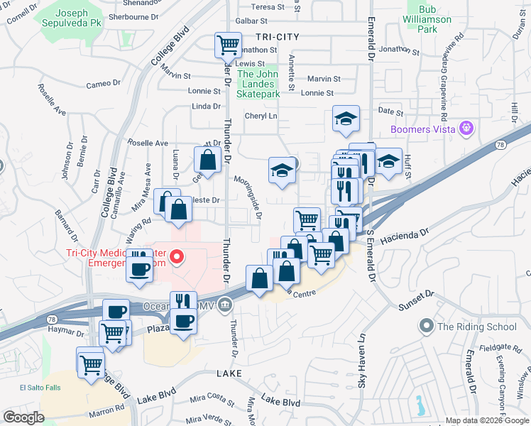 map of restaurants, bars, coffee shops, grocery stores, and more near 4130 Waring Road in Oceanside