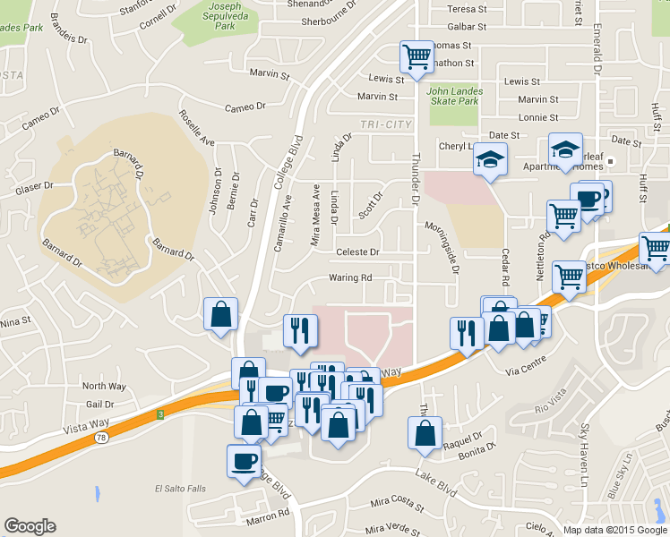 map of restaurants, bars, coffee shops, grocery stores, and more near 3903 Waring Road in Oceanside