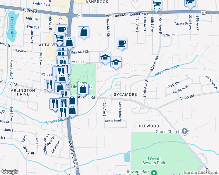 map of restaurants, bars, coffee shops, grocery stores, and more near 6 Elmira Drive in Tuscaloosa