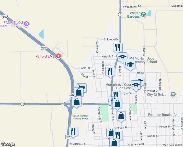 map of restaurants, bars, coffee shops, grocery stores, and more near 407 Elm Street in Belzoni