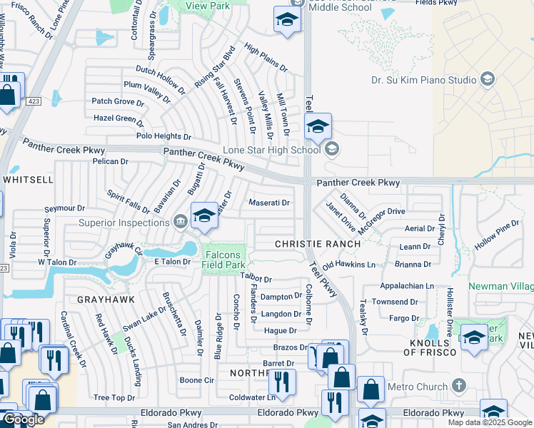 map of restaurants, bars, coffee shops, grocery stores, and more near 2248 Jaguar Drive in Frisco