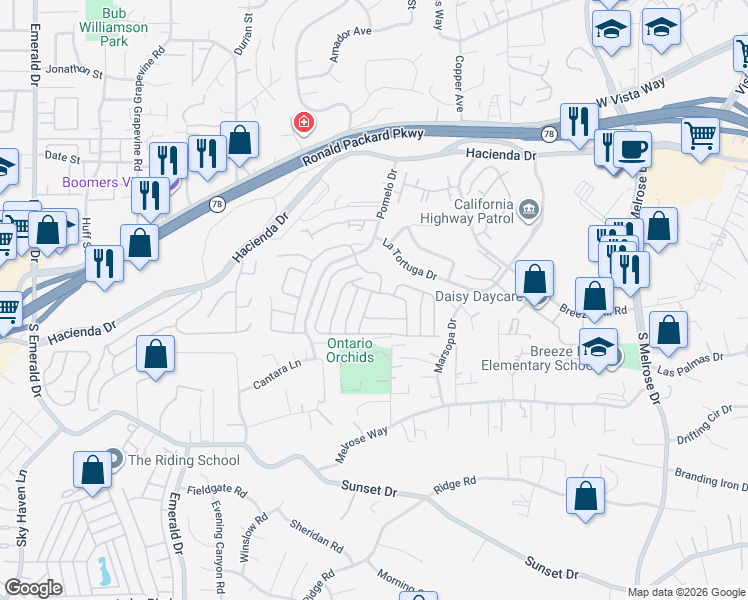 map of restaurants, bars, coffee shops, grocery stores, and more near 625 Via Bolivia in Vista