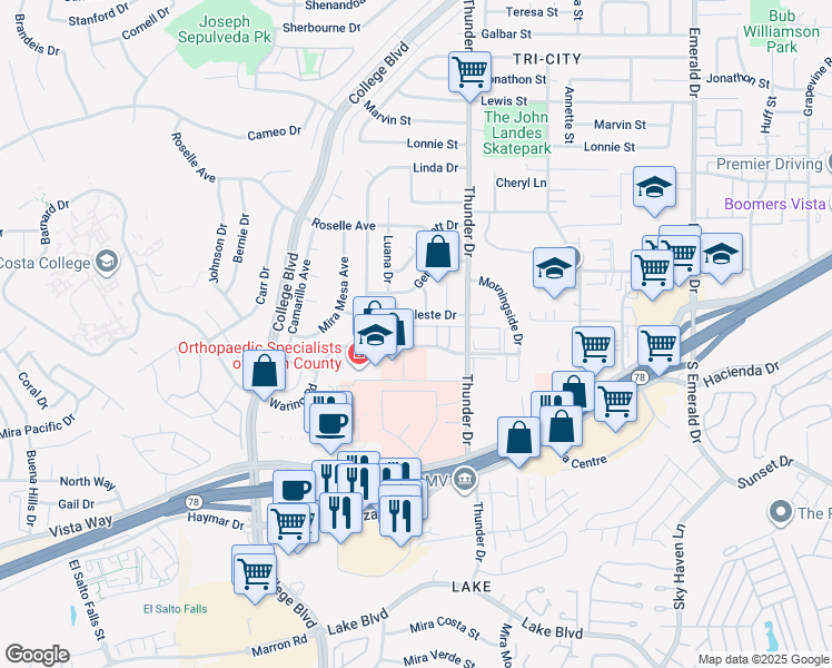 map of restaurants, bars, coffee shops, grocery stores, and more near 3231 Waring Court in Oceanside