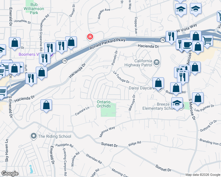map of restaurants, bars, coffee shops, grocery stores, and more near 625 Via Bolivia in Vista