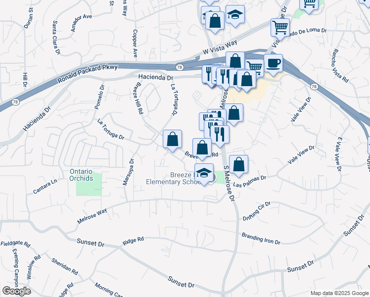 map of restaurants, bars, coffee shops, grocery stores, and more near 775 Breeze Hill Road in Vista
