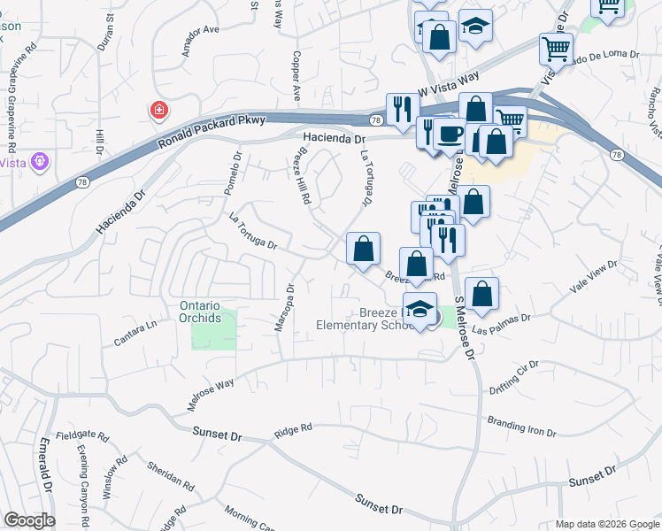 map of restaurants, bars, coffee shops, grocery stores, and more near 750 Breeze Hill Road in Vista