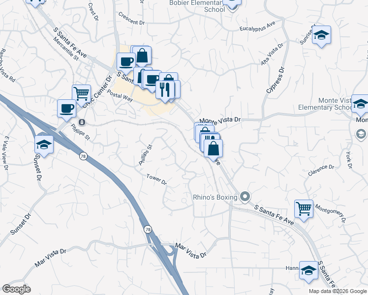 map of restaurants, bars, coffee shops, grocery stores, and more near 1264 Jessie Lane in Vista