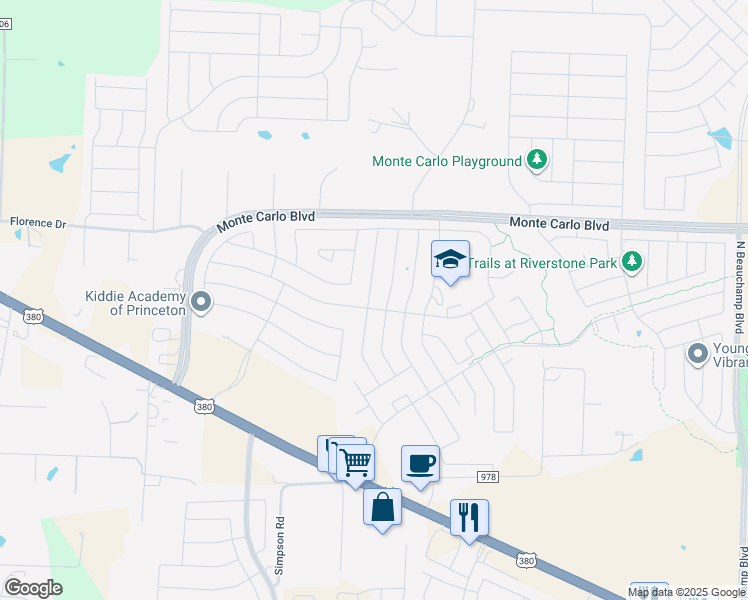 map of restaurants, bars, coffee shops, grocery stores, and more near 2112 Meadow Park Drive in Princeton