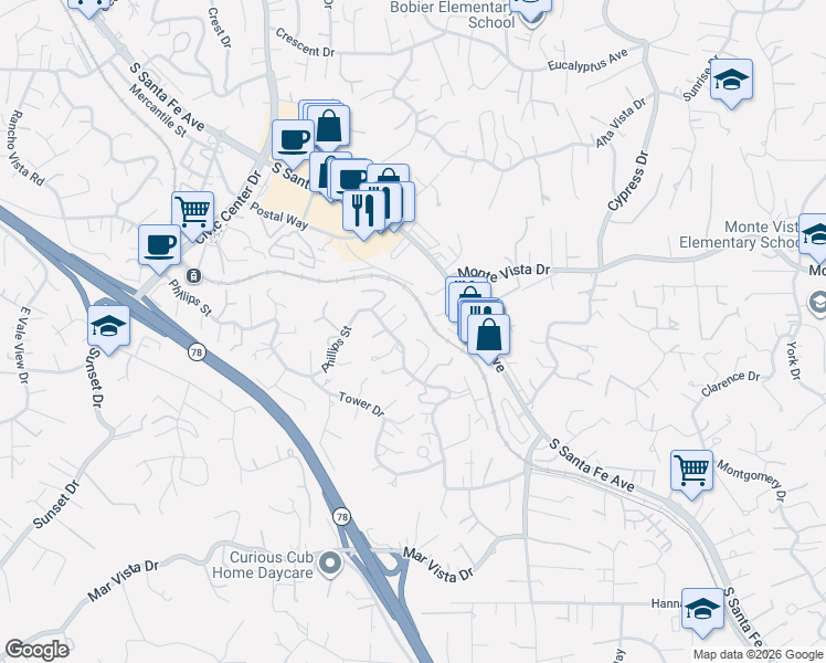 map of restaurants, bars, coffee shops, grocery stores, and more near 1264 Jessie Lane in Vista