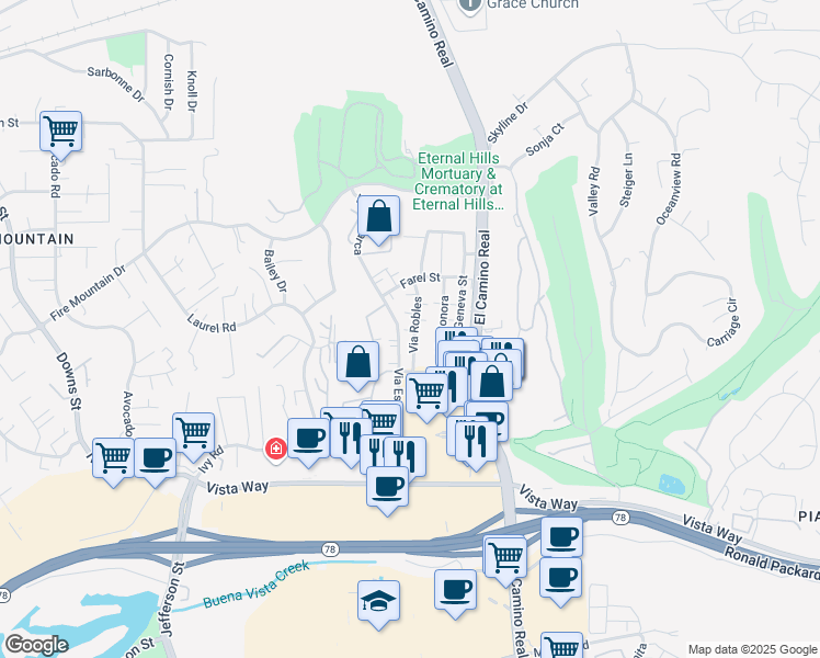 map of restaurants, bars, coffee shops, grocery stores, and more near 2136 Via Esmarca in Oceanside